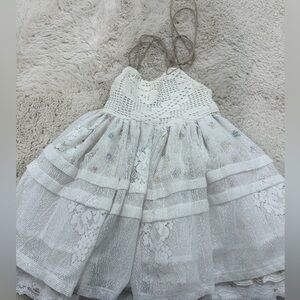 White Crochet Lace Halter Dress with Subtle Pastel Embroidery dress